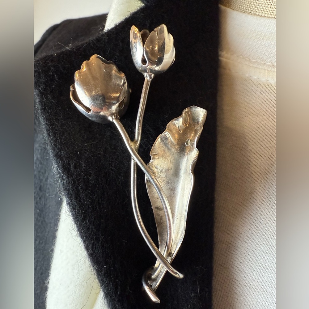 Vintage Sterling Silver Tulip Floral Brooch, 925